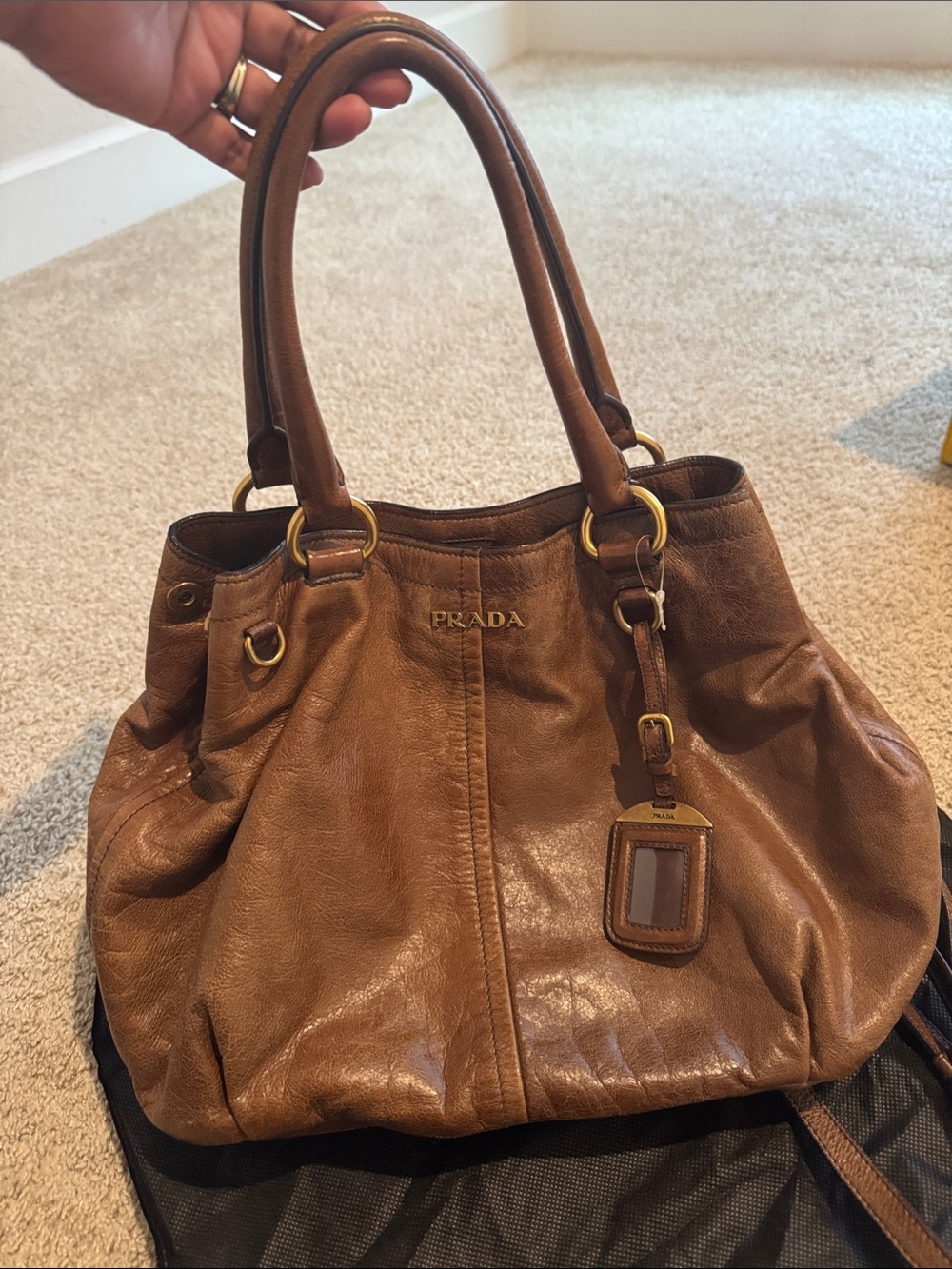 Prada Tan/Brown Leather Shoulder Bag with Gold-Tone Hardware